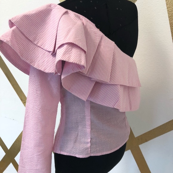 OFF SHOULDER LONG SLEEVE RUFFLE DETAIL STRIPEP - Picture 2 of 2